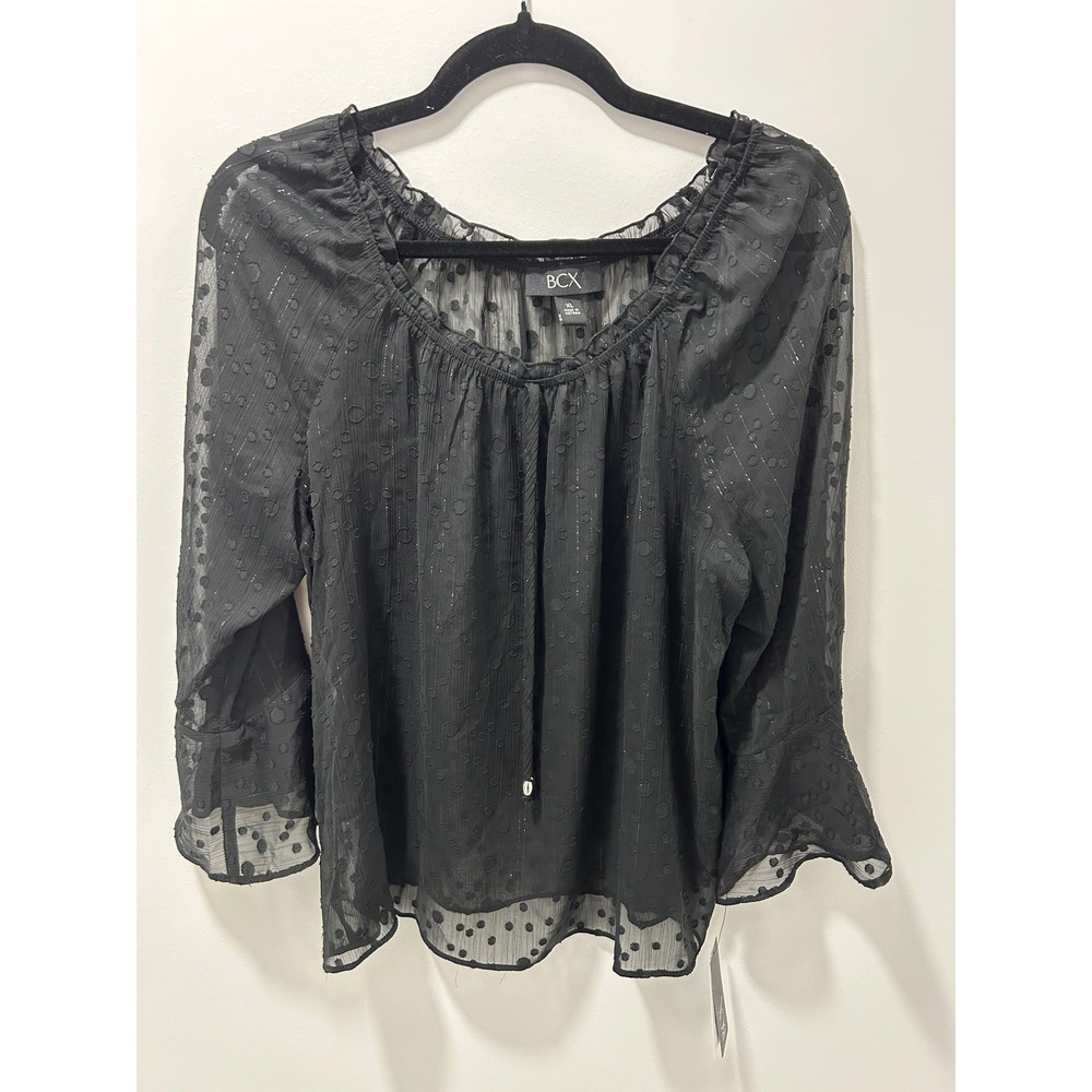 BCX Womens XL Black Clip Dot Metallic Stripe Bell Sleeve Blouse NWT 1035545